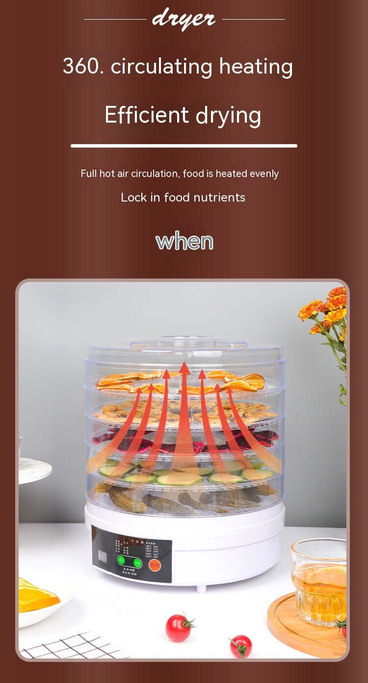 Electric food dehydrator with transparent trays, circulating hot air, drying fruits and vegetables