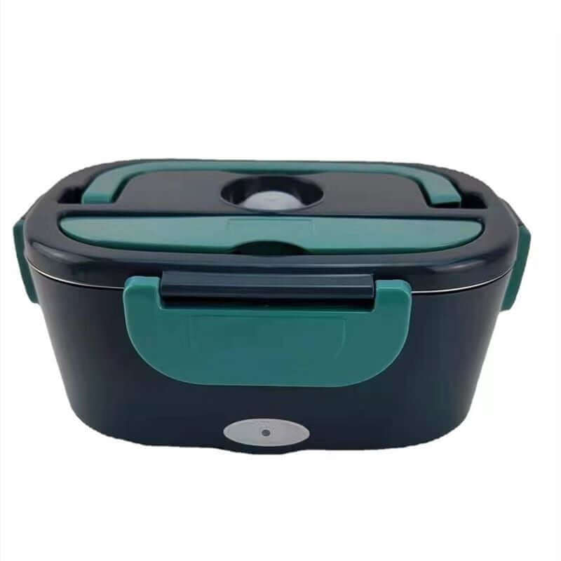 Dark green electric lunch box with secure lid and side handles for portable food storage
