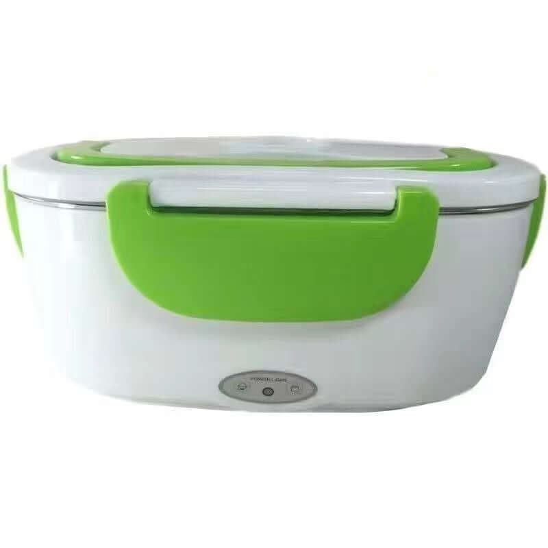 Electric lunch box with green handles for portable food storage and heating
