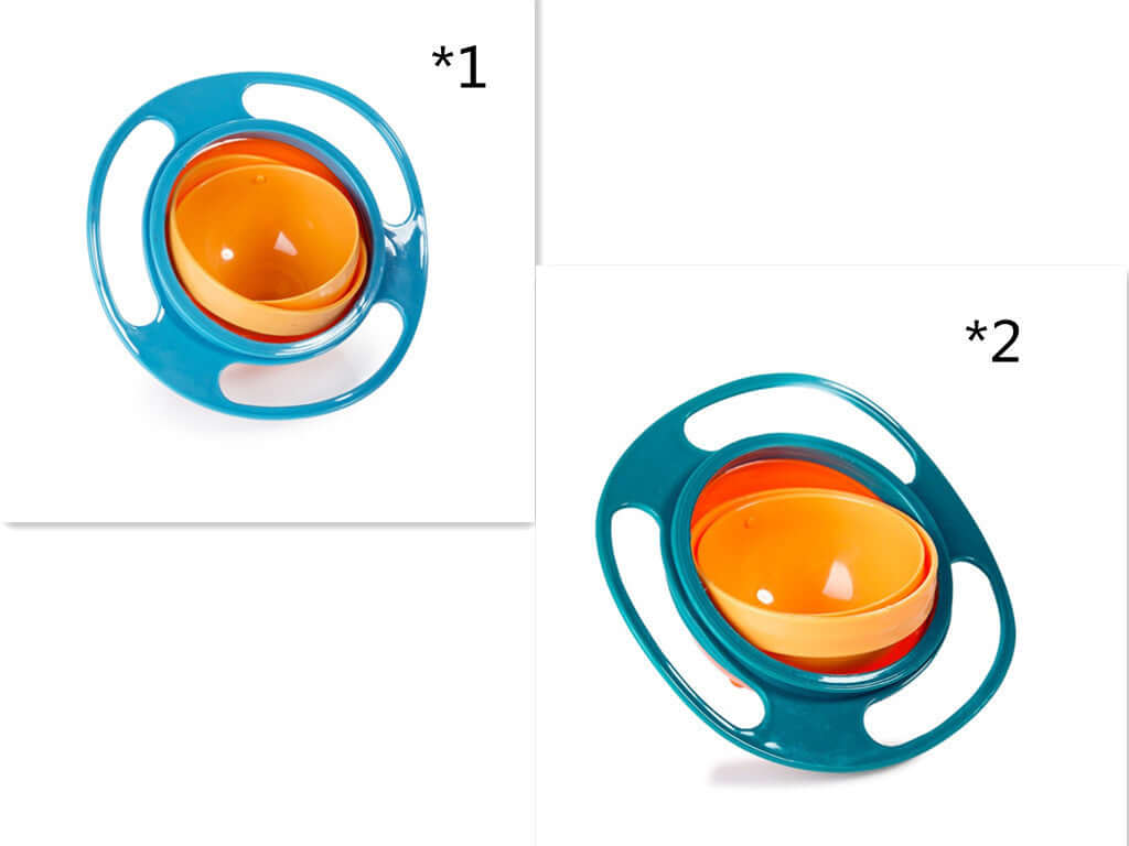 Two blue and orange spill-proof gyroscopic bowls for kids with wide handles on white background