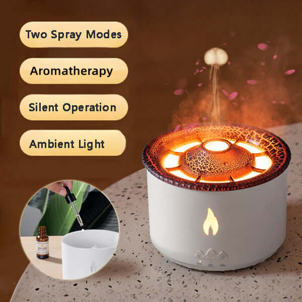 Aromatherapy diffuser with ambient LED light, steam, and essential oil being added.