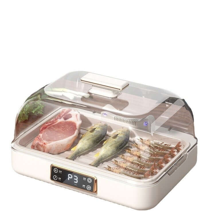 Electric food dehydrator with transparent lid storing meat, fish, shrimp, and herbs