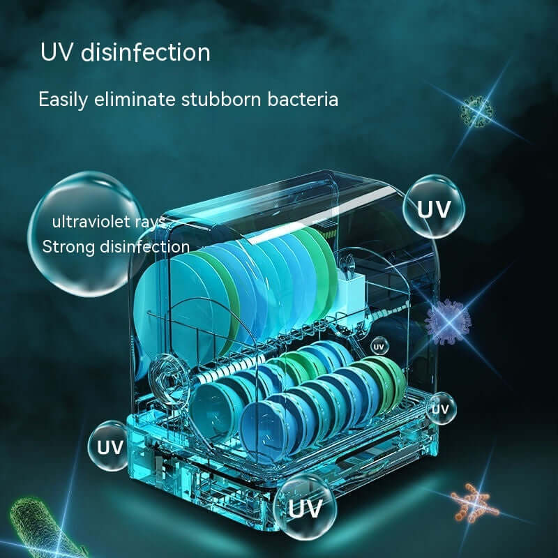 UV disinfection dish rack with plates, kitchen accessory for eliminating bacteria