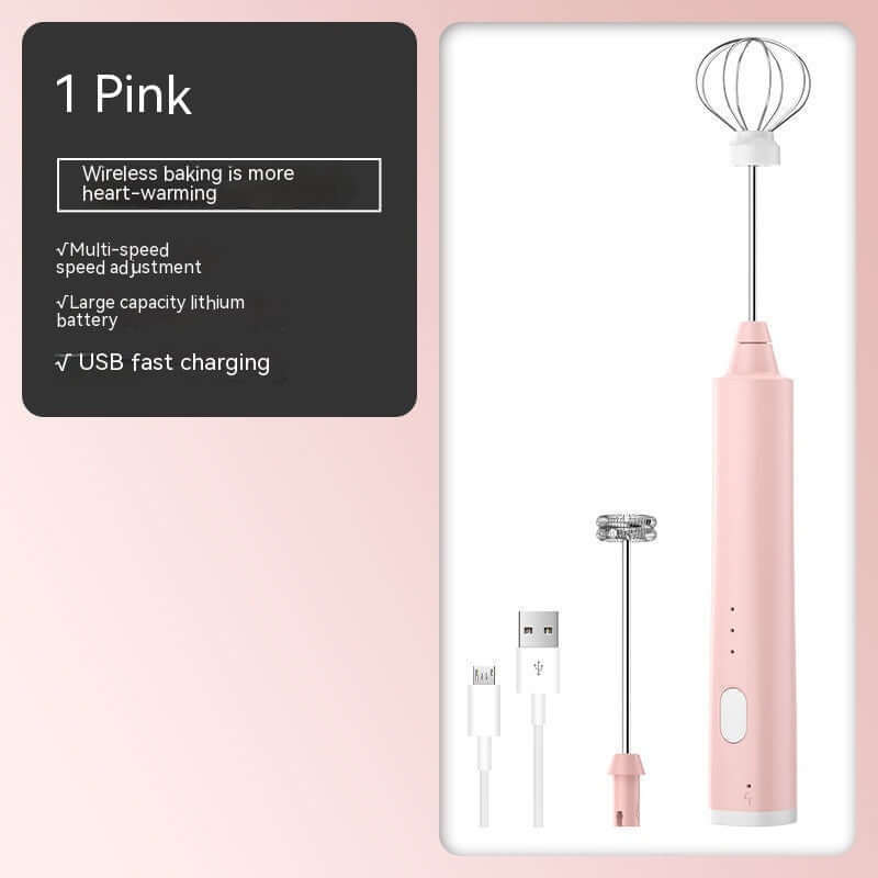 Pink rechargeable handheld mixer with whisk and frother attachments, USB charging cable