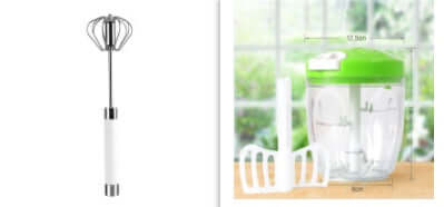 Stainless steel hand whisk and manual food chopper with green lid on kitchen counter.