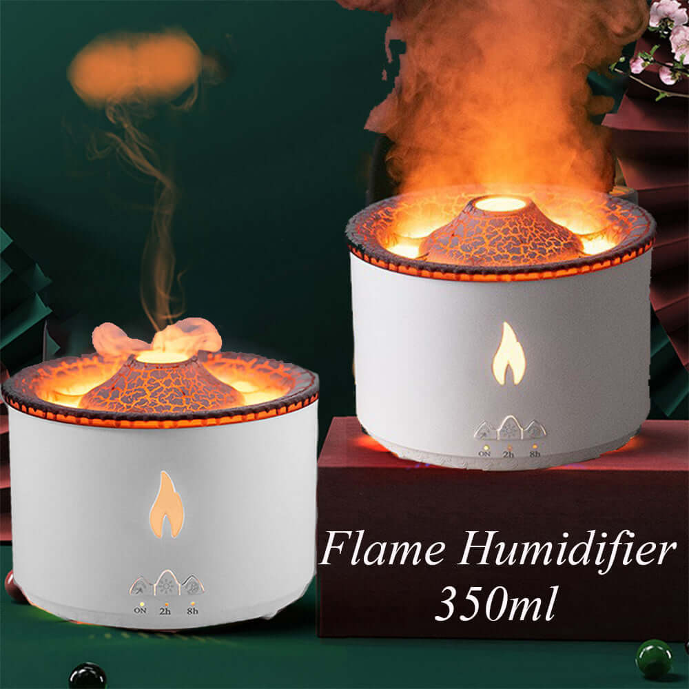 350ml flame humidifier with LED flame effect, white design, mist emission, tabletop appliance