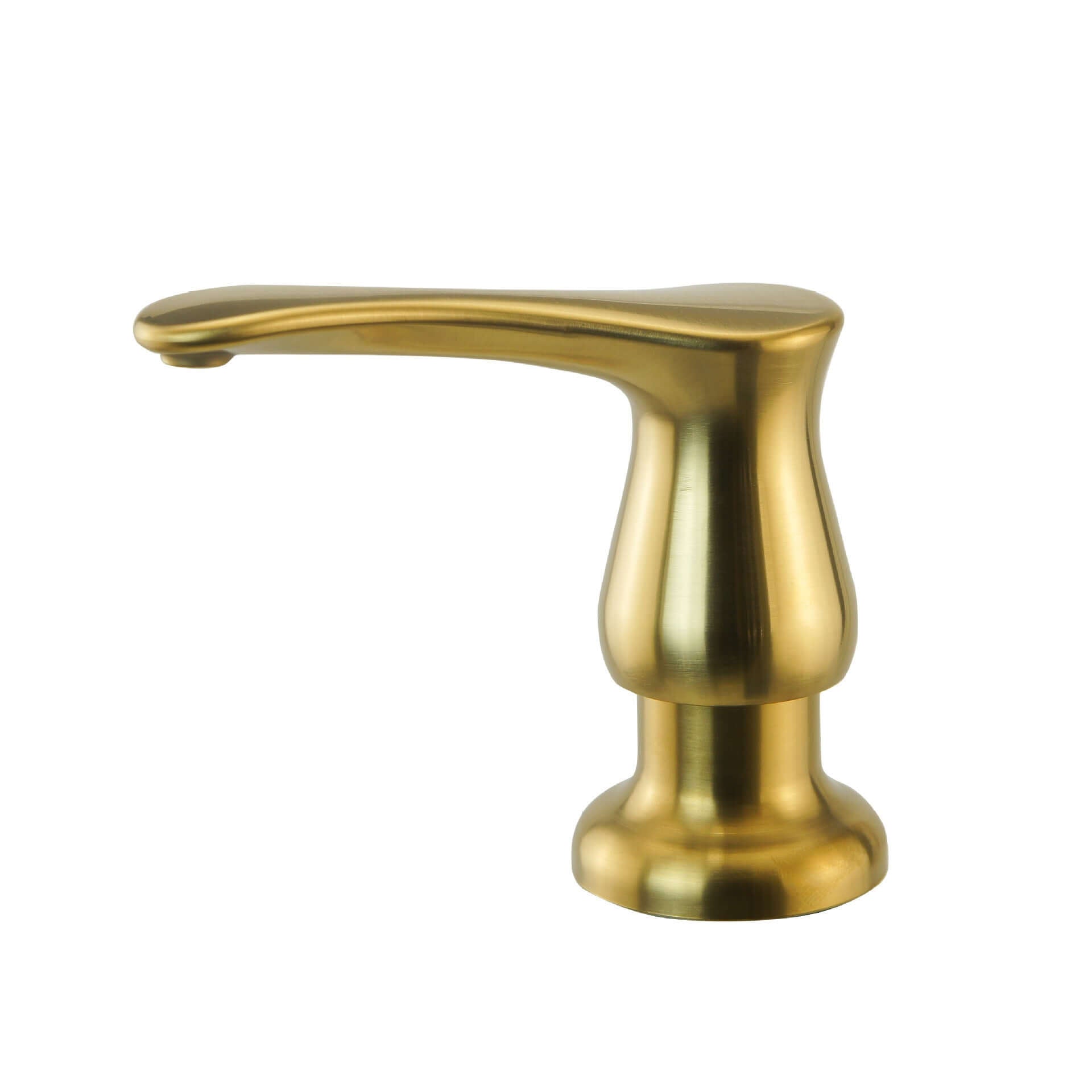 Gold kitchen soap dispenser pump with modern brushed finish on white background