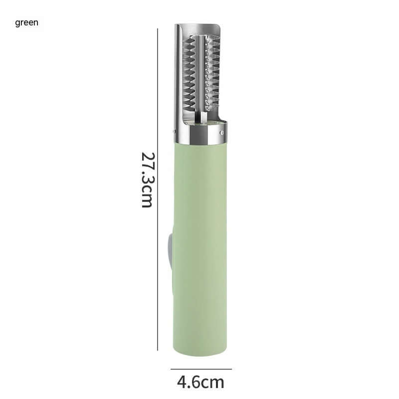 Green handheld kitchen utensil with serrated blade, 27.3cm by 4.6cm, isolated on white