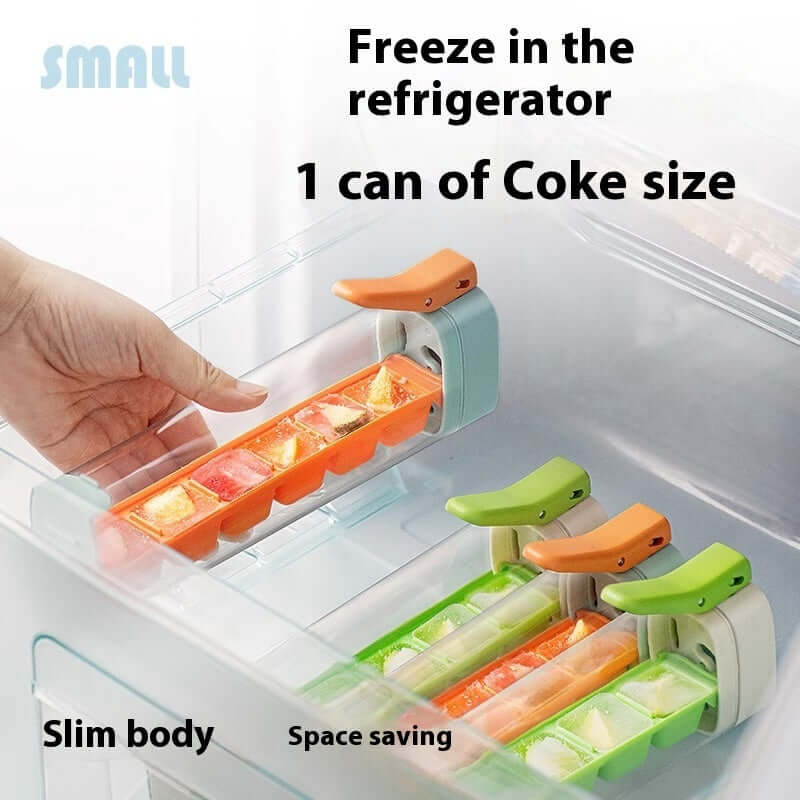 Slim ice cube trays with colorful lids in refrigerator, compact kitchen storage solution