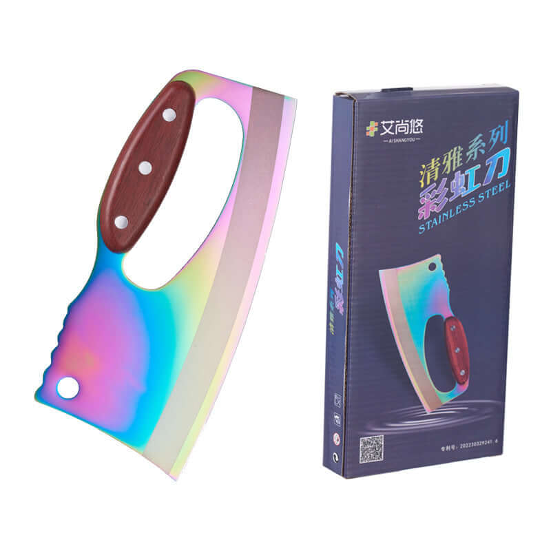 Rainbow stainless steel cleaver with wooden handle and retail packaging
