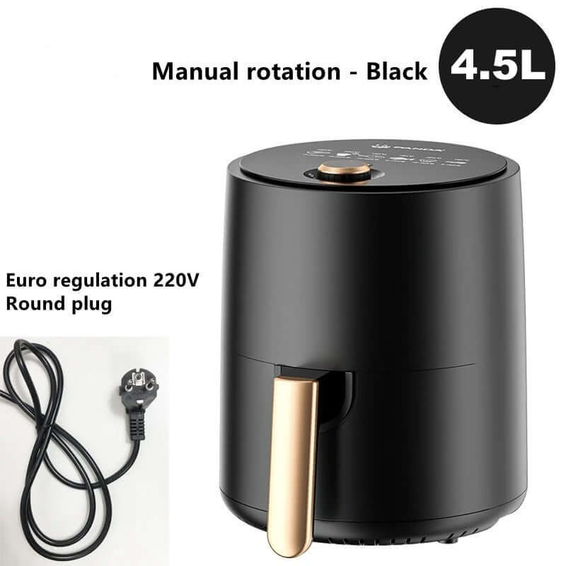 Black 4.5L manual air fryer with gold handle, 220V Euro round plug kitchen appliance