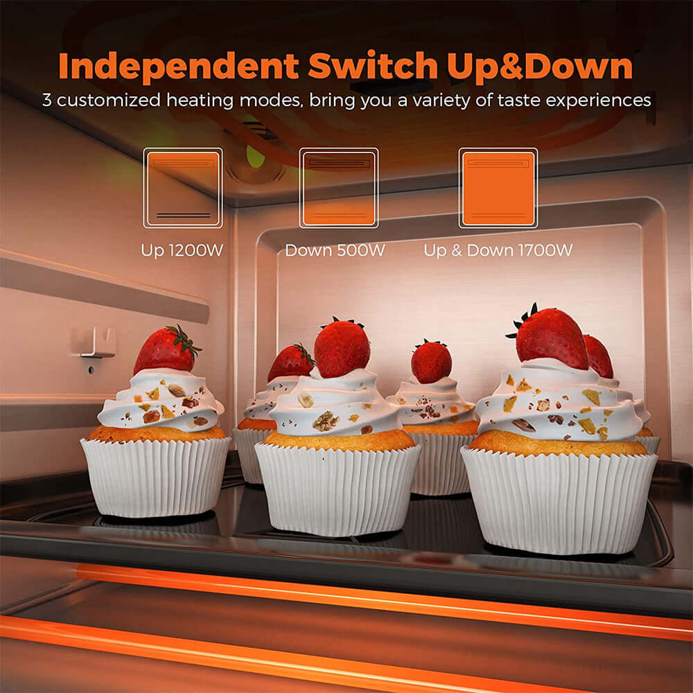 Cupcakes with whipped cream and strawberries baking in an oven with adjustable heating modes.