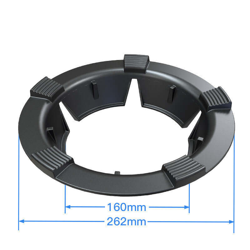 Black stove burner support ring with grooves, labeled 160mm and 262mm diameter