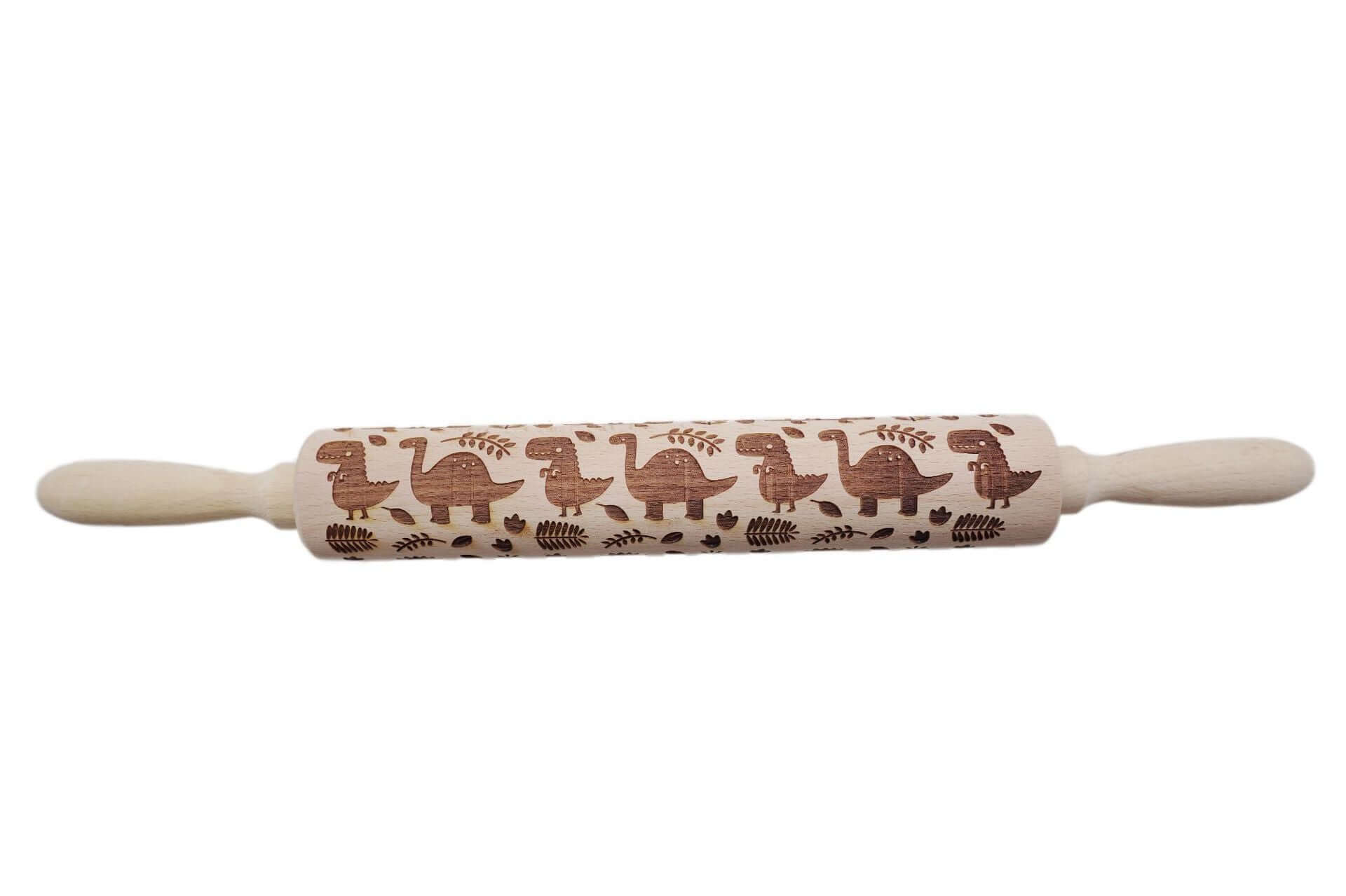 Wooden rolling pin with engraved cute dinosaur and leaf pattern, kitchen baking accessory