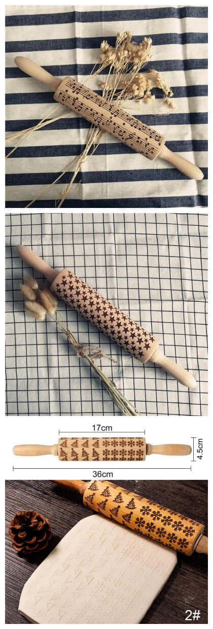 Wooden embossed rolling pins with decorative patterns for baking cookies, kitchen utensil.