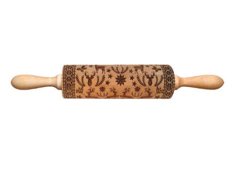 Wooden embossed rolling pin with deer and floral pattern on white background