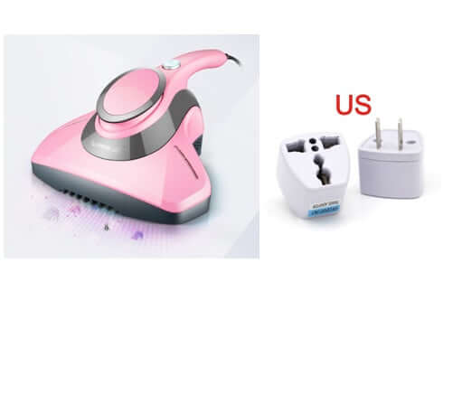 Pink handheld vacuum cleaner for kitchen countertops with US power plug adapter shown