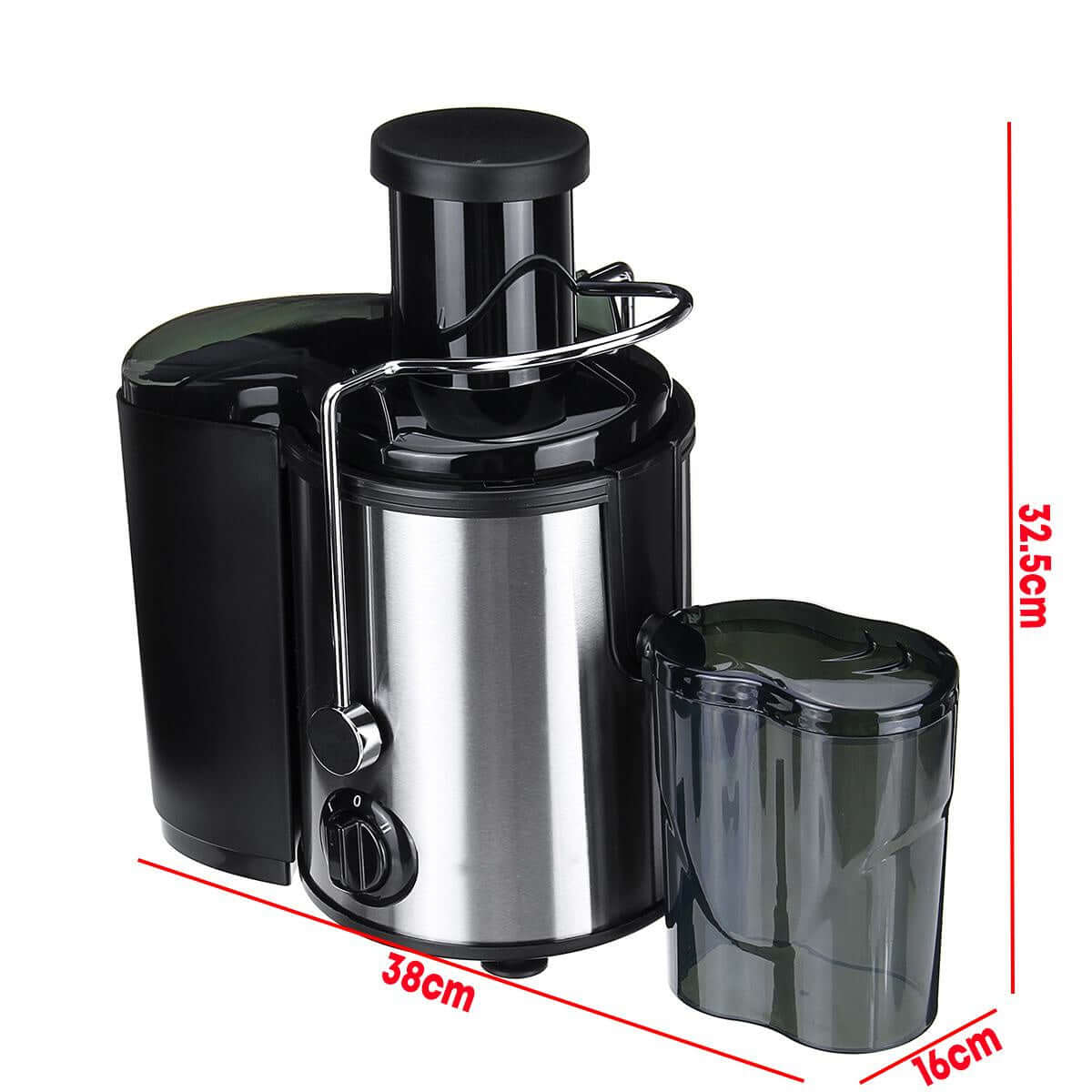 Stainless steel electric juicer with pulp container, measurement dimensions labeled