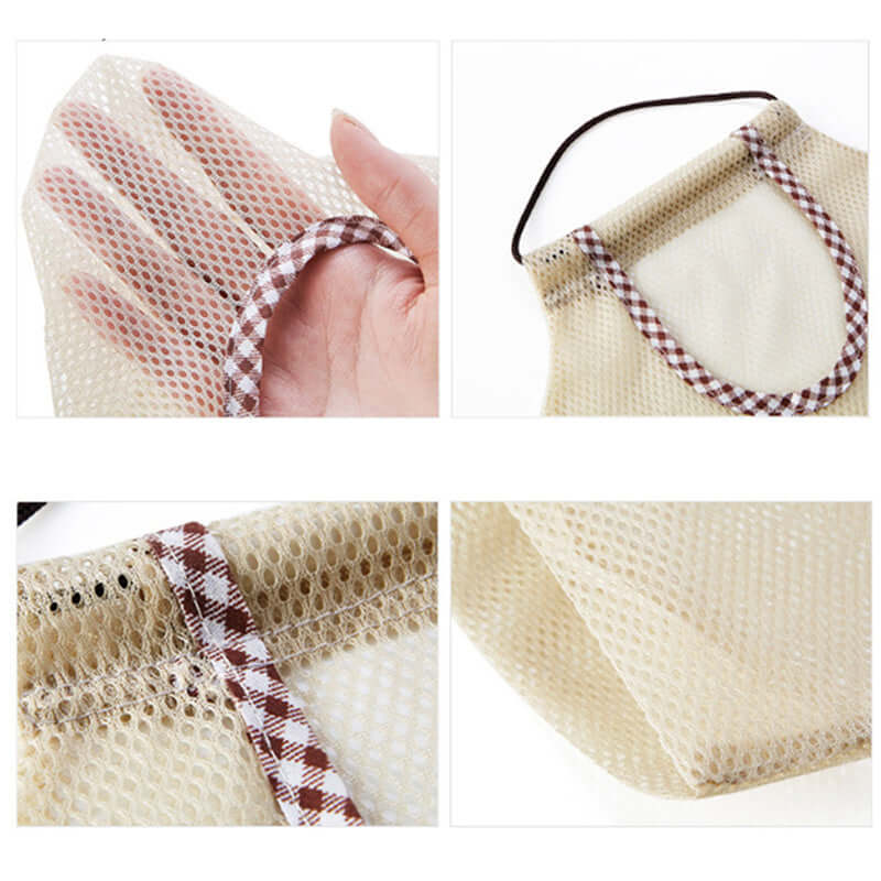 Mesh kitchen scrubber glove with checkered trim, breathable cleaning accessory