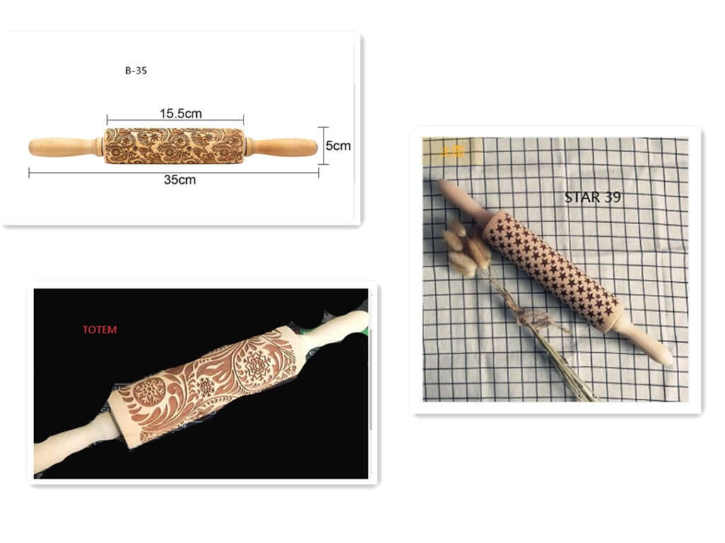 Embossed wooden rolling pins with decorative patterns for baking cookies and pastries