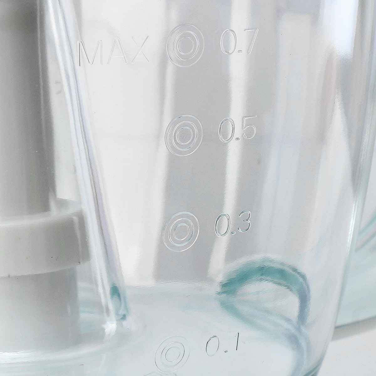 Close-up of blender jar with measurement markings in liters, kitchen appliance detail