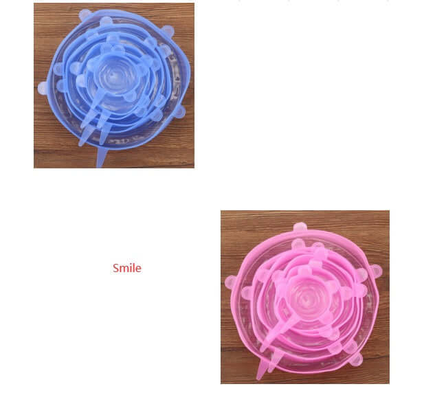 Blue and pink sets of reusable silicone stretch lids on wooden surface