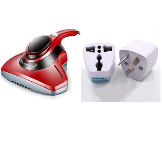 Red handheld vacuum cleaner with dual plug adapters on a white background