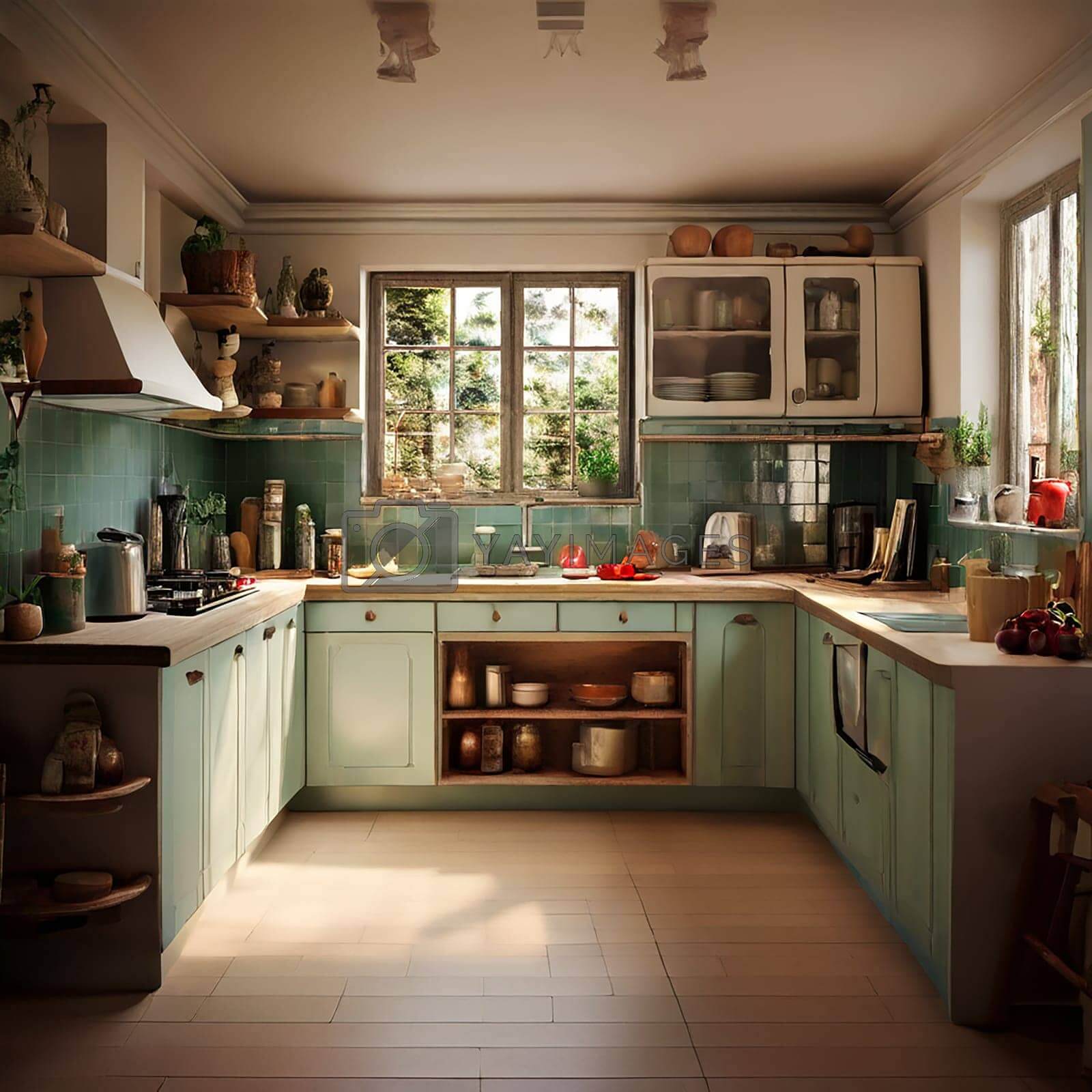 Cozy kitchen with mint green cabinets, natural light, kitchen accessories, and appliances