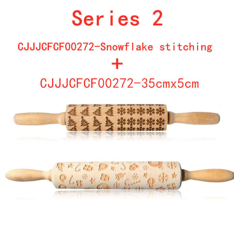 Set of two embossed wooden rolling pins with holiday patterns for baking, on white background.