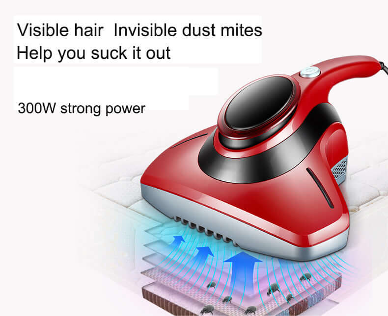 Red handheld vacuum cleaner for dust mites and hair removal on mattress with 300W power