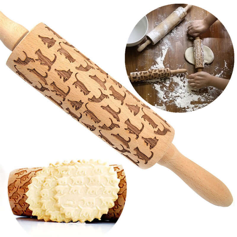 Wooden embossed rolling pin with cat patterns for baking and decorating cookies