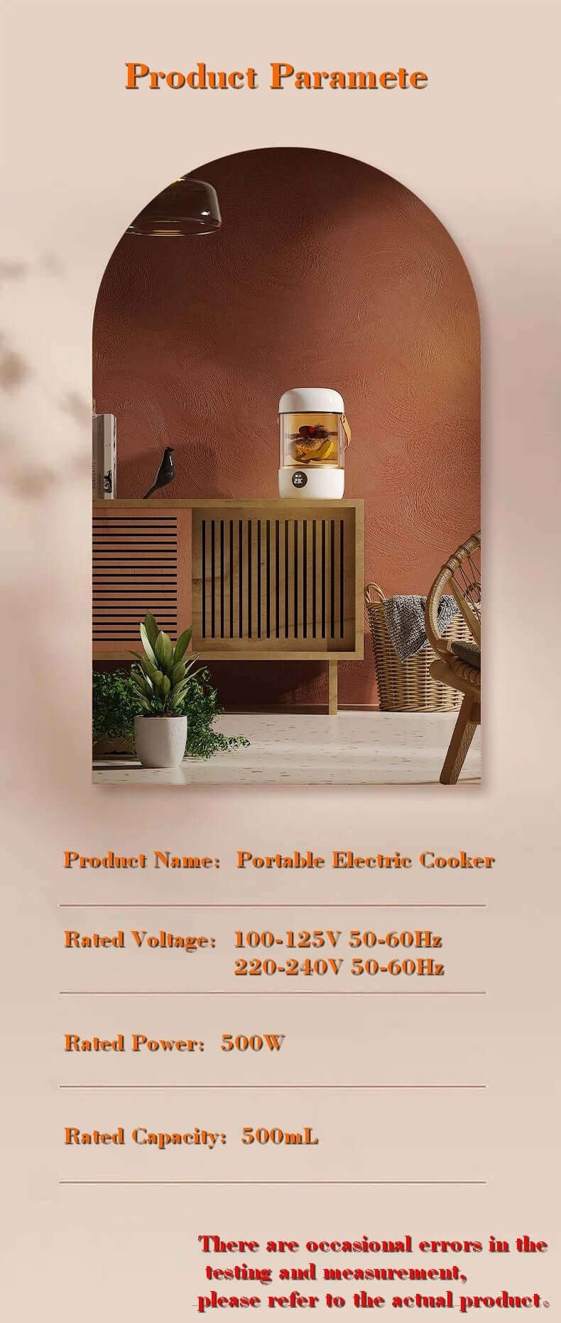 Portable electric cooker on wooden cabinet in modern kitchen setting, 500ml capacity, 500W