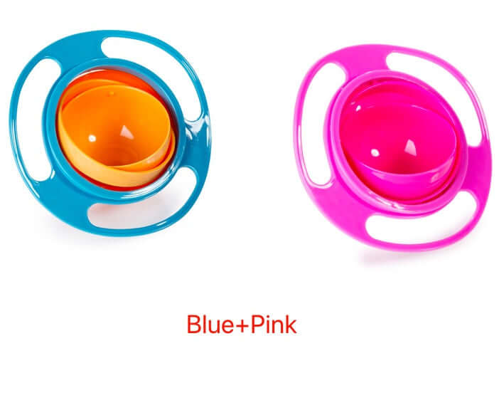 Blue and pink spill-proof gyro bowls with handles for kitchen or kids&