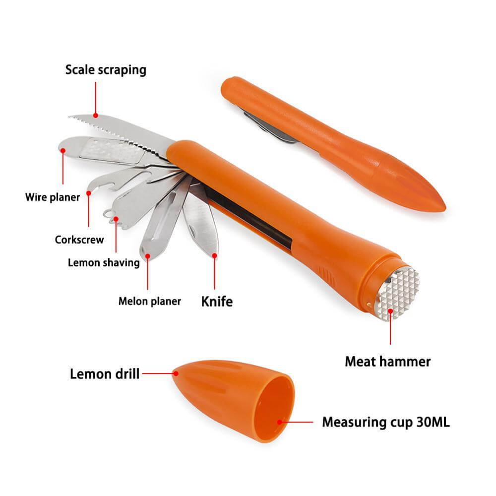 Multi-function orange kitchen tool with knife, corkscrew, meat hammer, lemon drill, and measuring cup