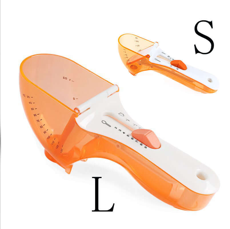 Adjustable orange measuring scoop kitchen utensil in large and small sizes