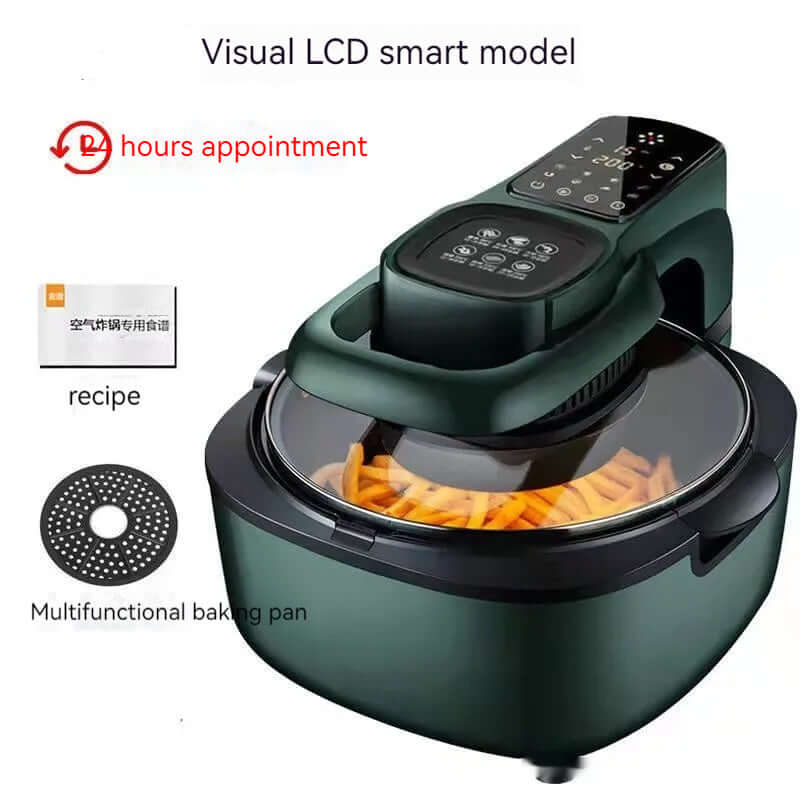 Touchscreen LCD air fryer with fries, recipe book, and baking pan, kitchen appliance accessory