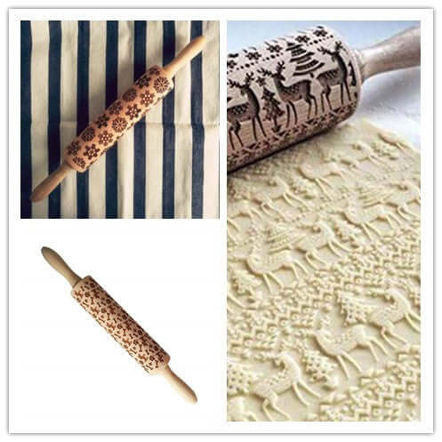 Embossed wooden rolling pin with festive patterns pressing designs onto cookie dough
