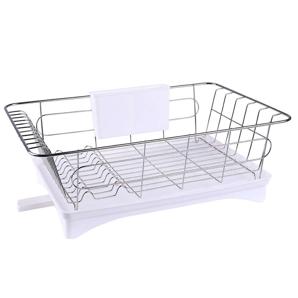 Stainless steel kitchen dish drying rack with white plastic base and utensil holder