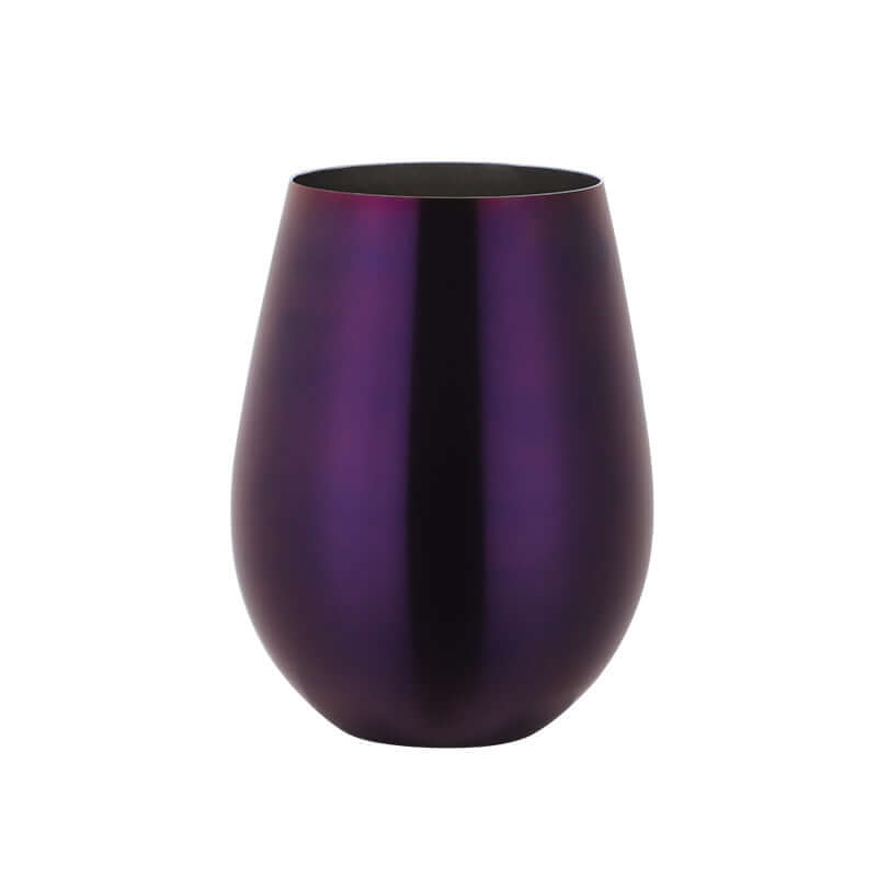 Metallic purple stainless steel stemless wine glass on white background