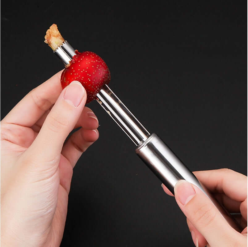 Stainless steel strawberry huller tool removing core from fresh strawberry