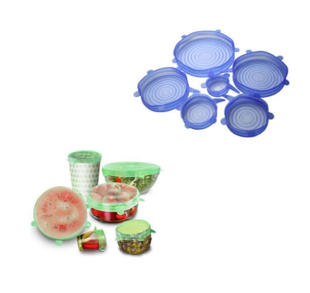 Reusable silicone stretch lids on various food containers and bowls for kitchen storage