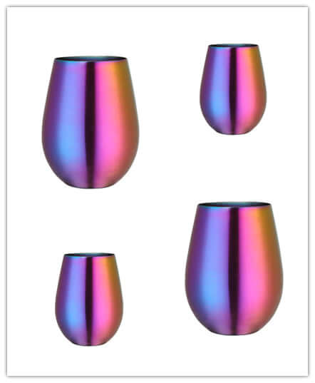 Set of four iridescent stainless steel stemless wine glasses in gradient rainbow colors
