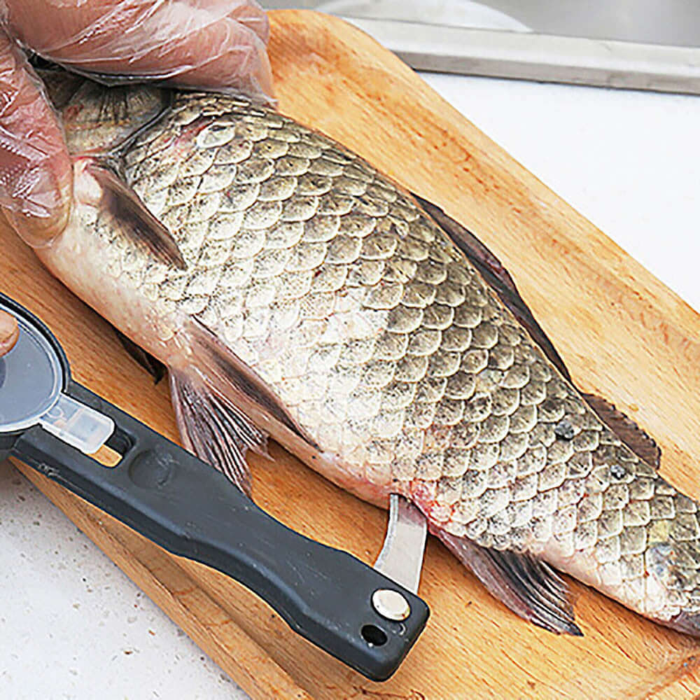 Fish scaler kitchen tool removing fish scales on a cutting board