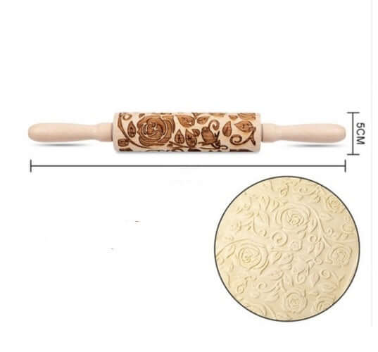 Wooden embossed rolling pin with floral pattern, ideal for baking decorative cookies or pastries