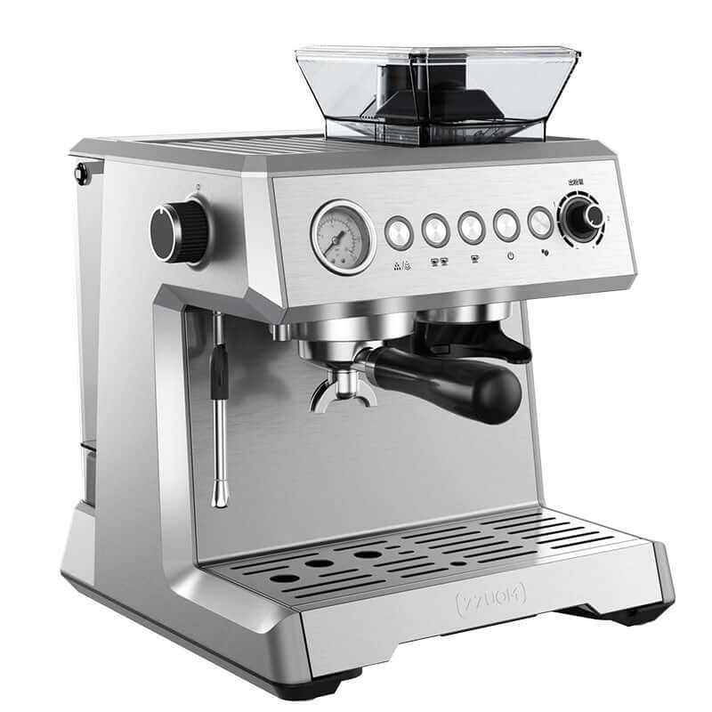 Stainless steel espresso coffee machine with pressure gauge and control buttons