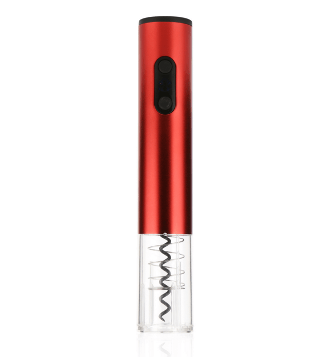 Red electric wine bottle opener with transparent base and corkscrew visible