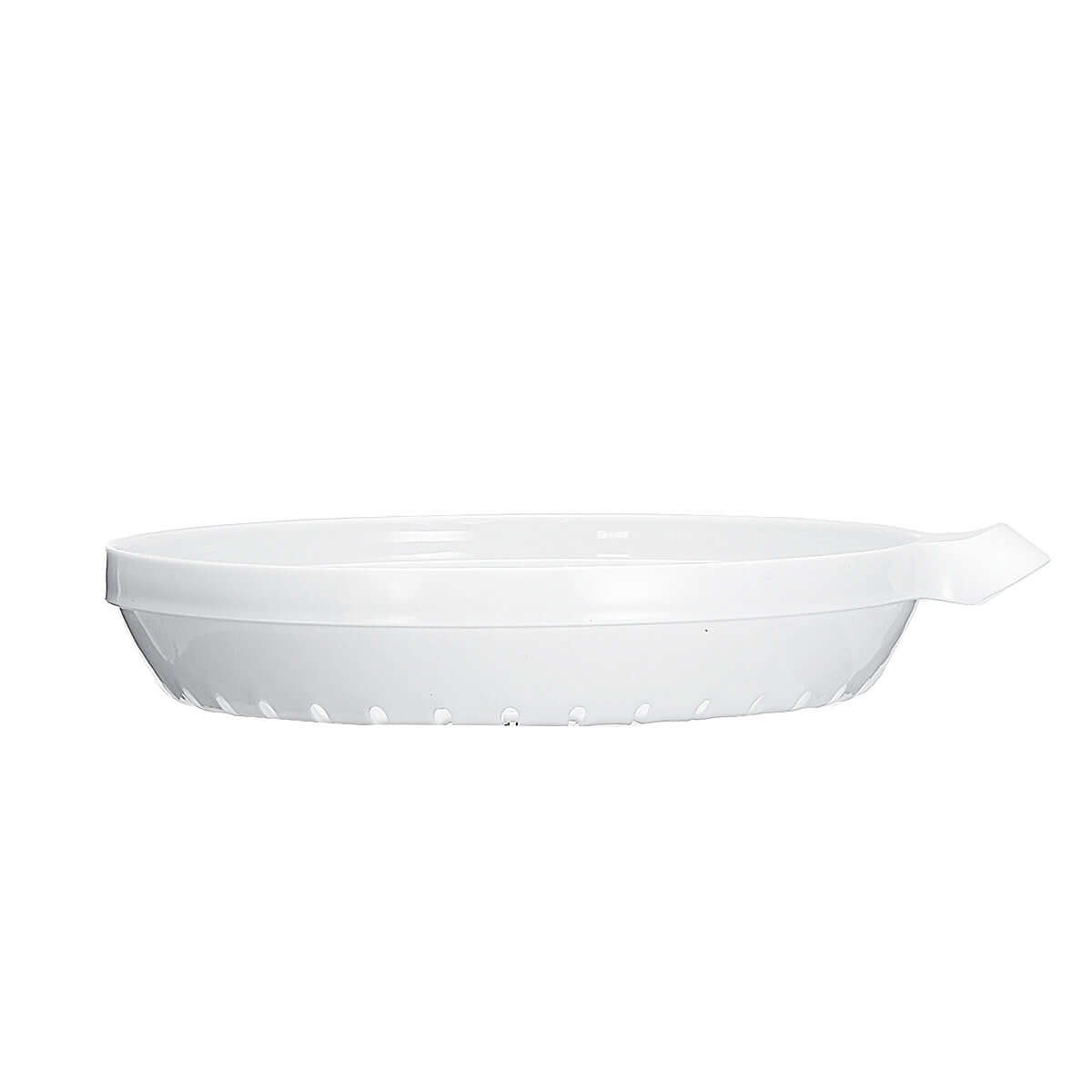 White plastic colander with handle, kitchen strainer for draining pasta or vegetables
