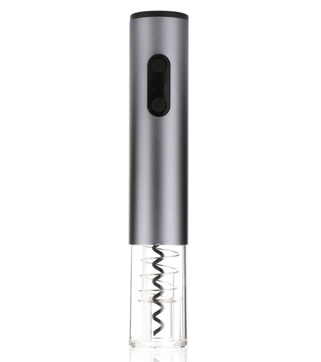 Electric wine bottle opener with stainless steel body and transparent corkscrew base