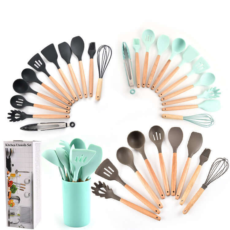 Assorted silicone kitchen utensils with wooden handles, utensil holder, and box set.