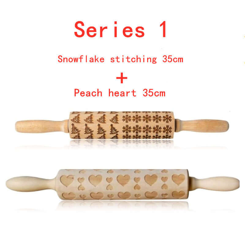 Set of two engraved wooden rolling pins, one with snowflake and tree patterns, one with heart patterns, 35cm each.
